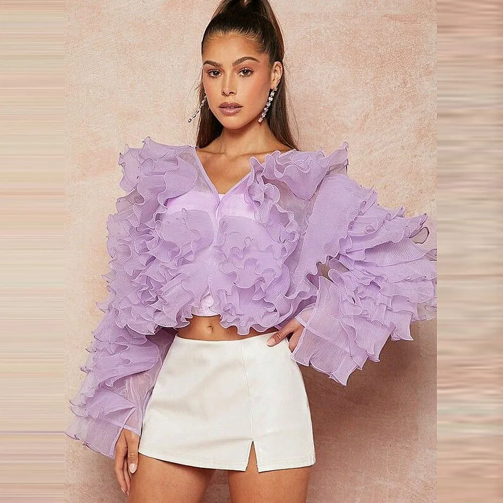 

Light Purple Birthday Tops Ruffles Tiered Mesh Women Long Sleeves Summer Birthday Jacket Regular Vacation Casual Chic Jacket