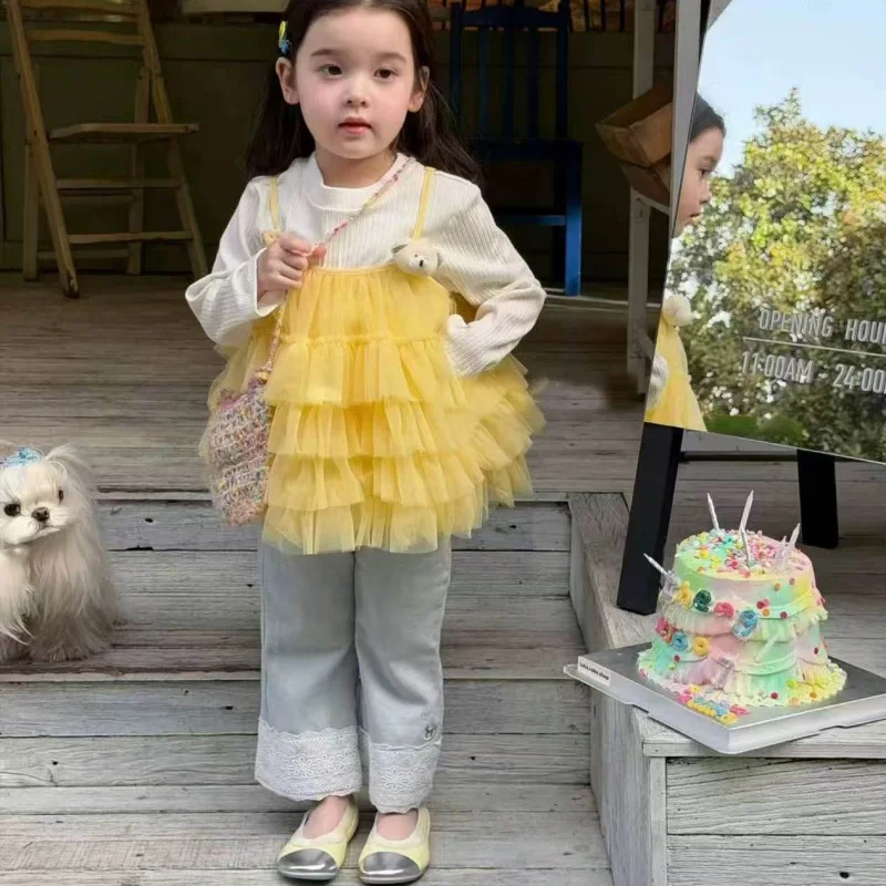 

Girls' Spring Sweet Cake Dress Three-Piece Set2026New stylish princess-style suspender dress with lace long pants