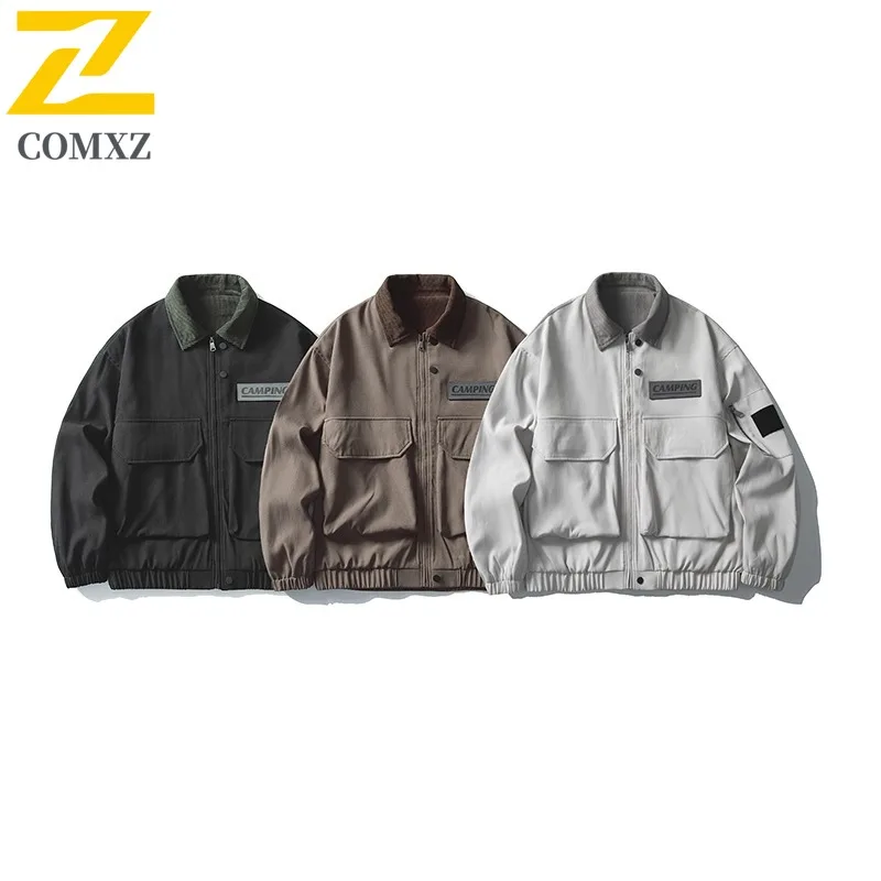 COMXZ Mens Jacket New American Trendy Color Block Notch Lapel Windbreaker Men Riding Versatile Minimalist Windproof Autumn Coat
