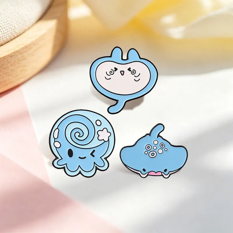Cartoon Octopus Jellyfish Ray Fish Ocean Creature Enamel Pin Cute Blue Sea Animal Alloy Brooch Backpack Lapel Badge Jewelry Gift