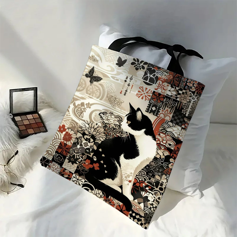 Classic Black And White Cat Tote Bag With Cat Print, Reusable Shoulder Shopping Beach Bag For Women, Durable Casual Carryall