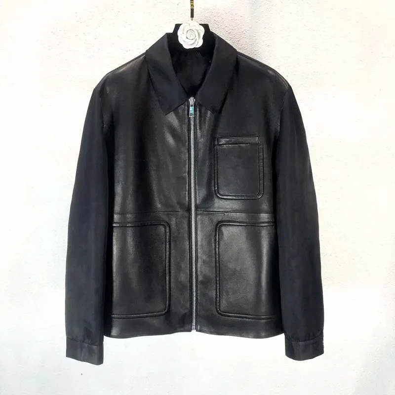 Men Coat Spring 2023 New Fashion Short Length Genuine Leather Jacket Splice Nylon Big Pocket Decoration Casual Style