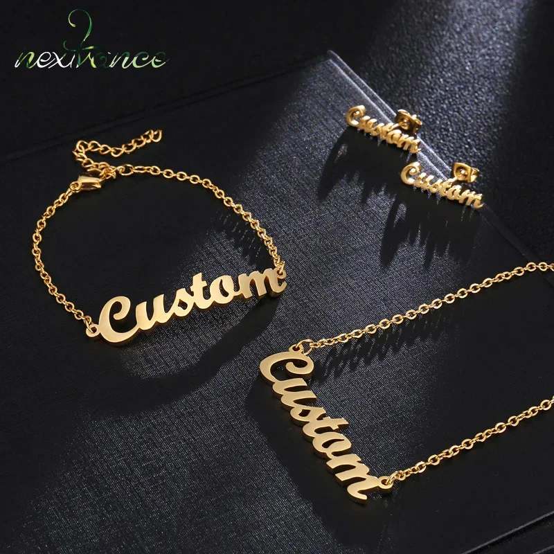 Nextvance Custom Name Stud Earrings Bracelet Necklace For Women Men Personalized Stainless Steel Jewelry Set Christmas Gifts