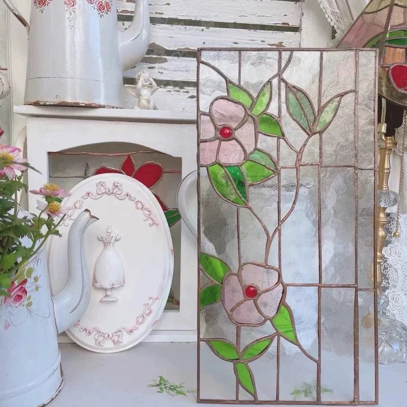 

Tiffany Style Stained Glass Window Panel, Floral Design with Green Leaves, Handcrafted Art Glass, Double-Sided, 14.3 x 33.5 cm