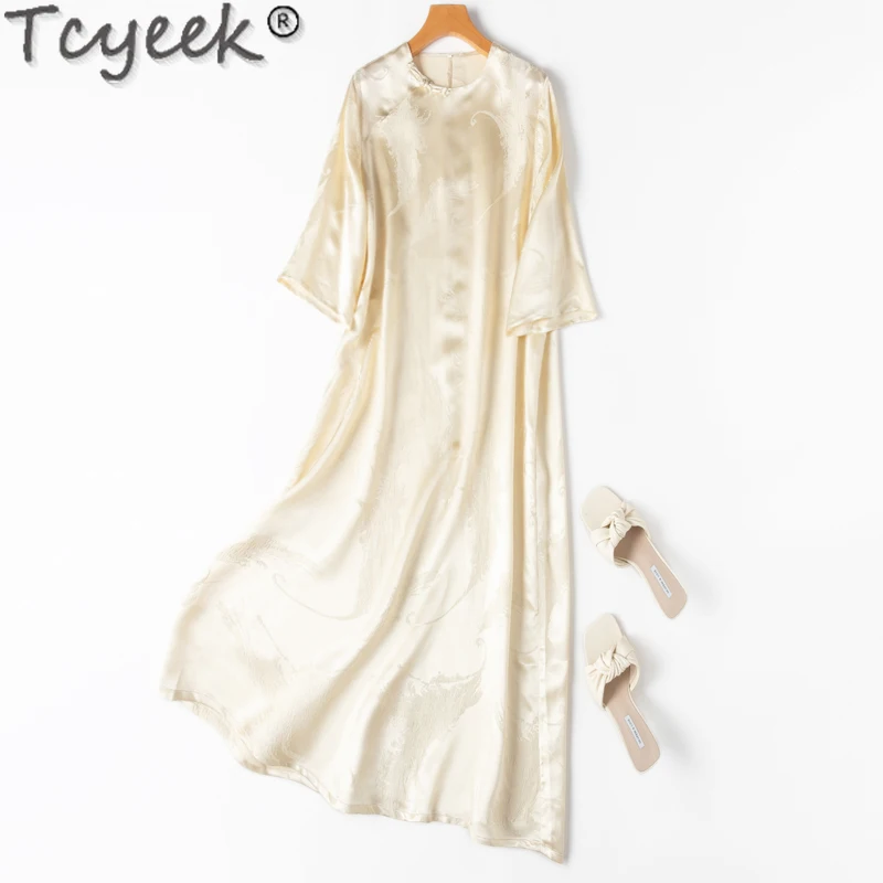 

Tcyeek 30Mm Mulberry Silk Womens Dresses Spring Long Dress 50% Real Silk Elegant Dresses for Women Clothes Chinese Chipao Dress