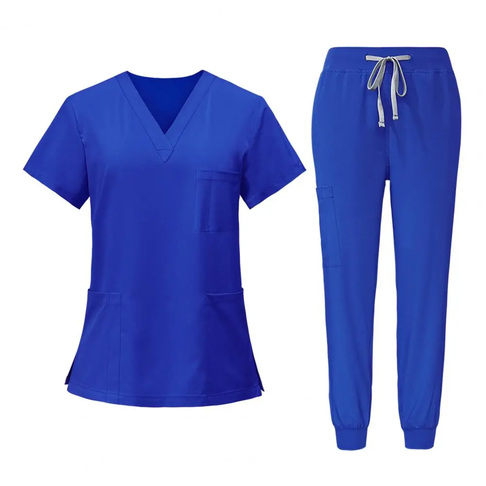 

Women Uniform Set V-neck Short Sleeve Multi Pockets Tops Elastic Waist Pants Set Work Suit