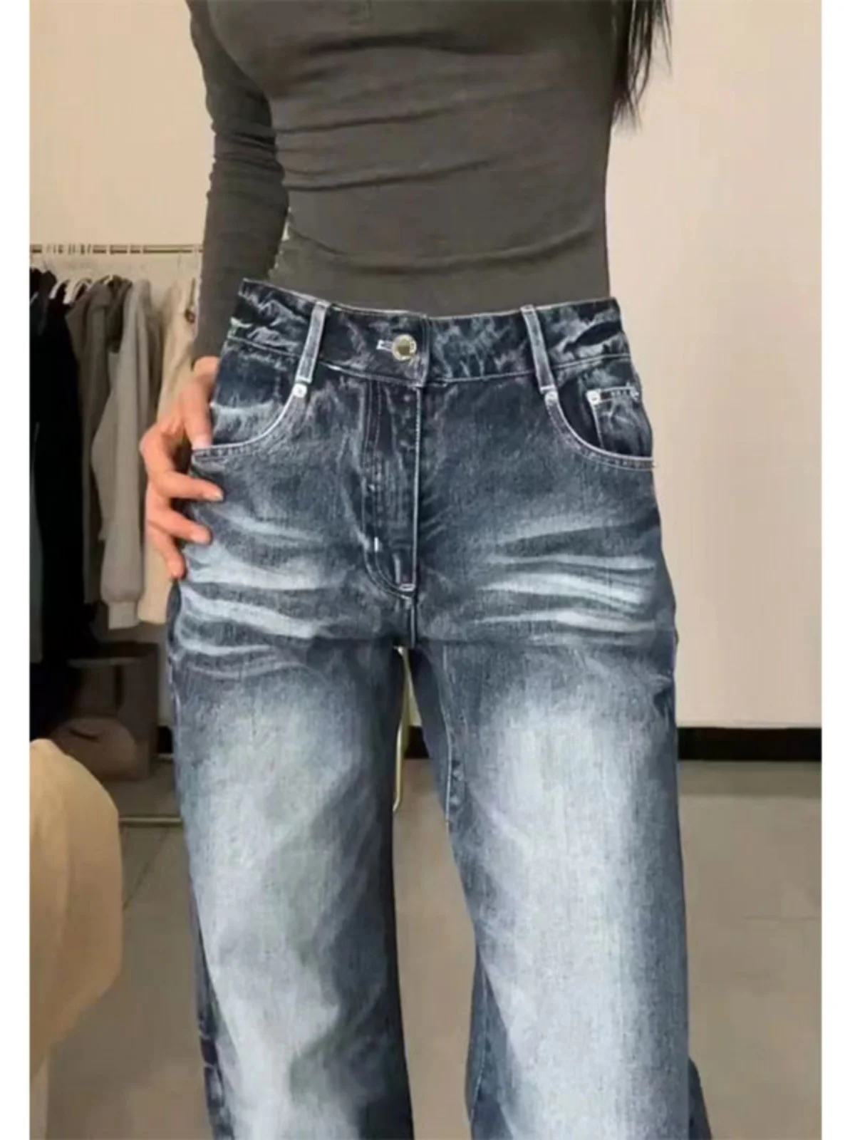 

High Waist Straight Leg Denim Jeans Women plus Size Loose Slimming Waed Design Wide Leg Floor Length Pants Autumn Blue