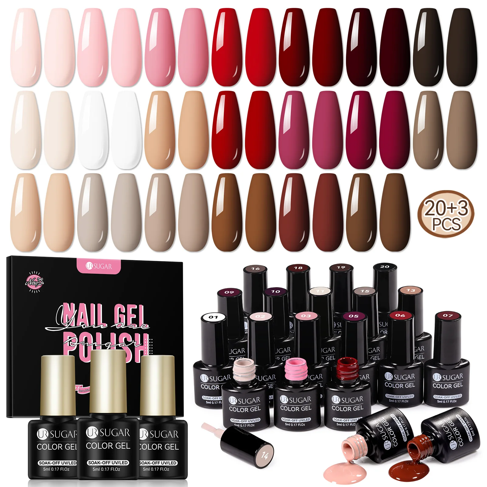 UR SUGAR 23 قطعة هلام مجموعة طلاء الأظافر عارية الوردي الأحمر بريق شبه دائم نقع قبالة الأشعة فوق البنفسجية هلام الورنيش مجموعة أدوات مانيكير مستلزمات الأظافر DIY بها بنفسك