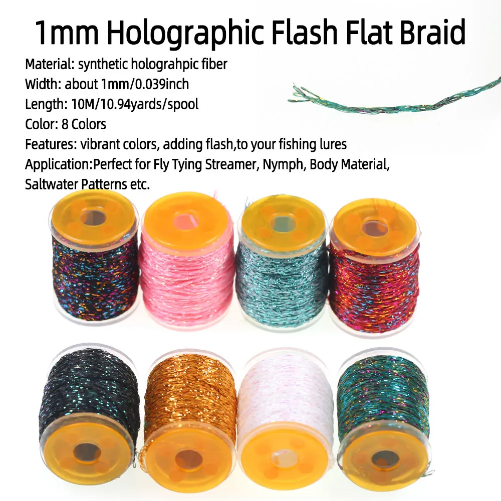 10m/Spool 1mm Holographic Flash Flat Braid Thread Fly Tying Material For Tying Nymph Body Streamer Trout Fishing Flies Lure Bait