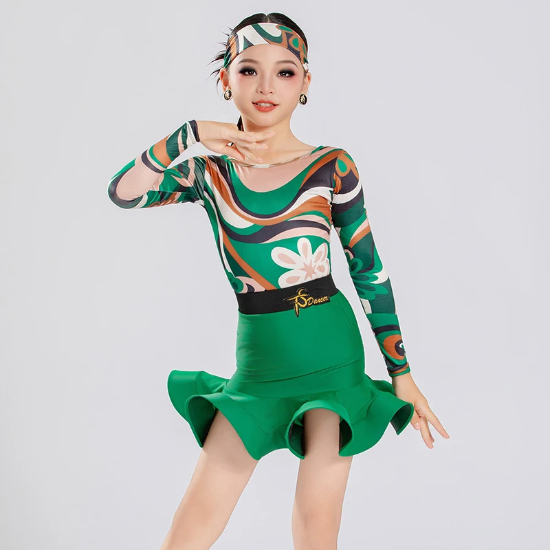 ملابس الرقص اللاتينية ذات النمط الأخضر للفتيات قاعة الرقص المنافسة زي الاطفال السالسا السامبا اللاتينية الرقص الدعاوى SL14066 #2