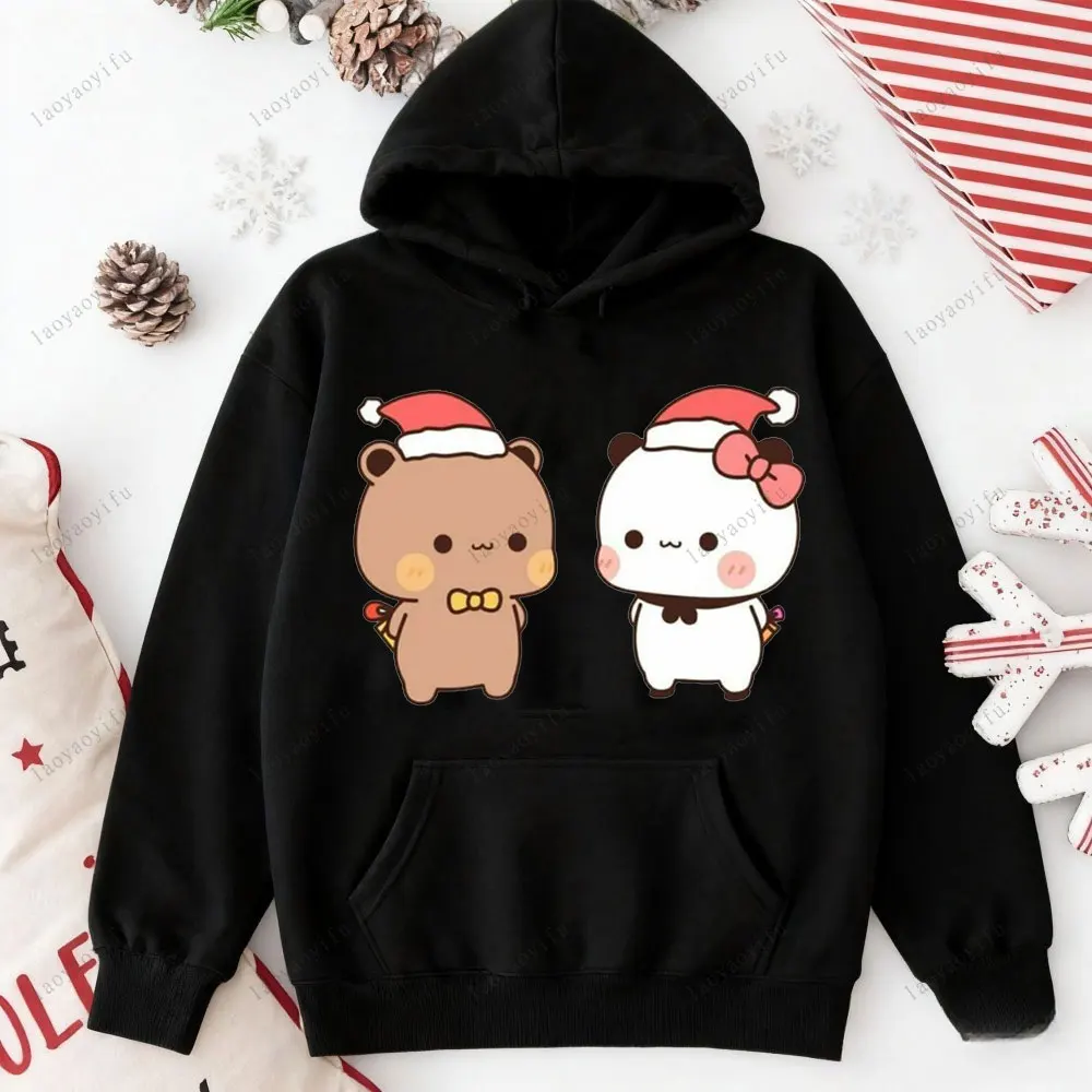 Unisex Christmas Kawaii Cartoon Animal Hoodie Santa Hat Couple Character Graphic Casual Loose Long Sleeve Holiday Sweatshirt Top