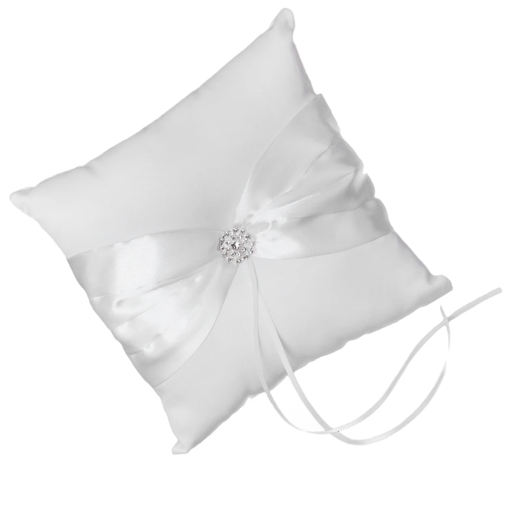 White Satin Ring Pillow with Bowknot Pearl and Rhinestone Buckle for Wedding Ring Bearer Cushion Ceremony Holder