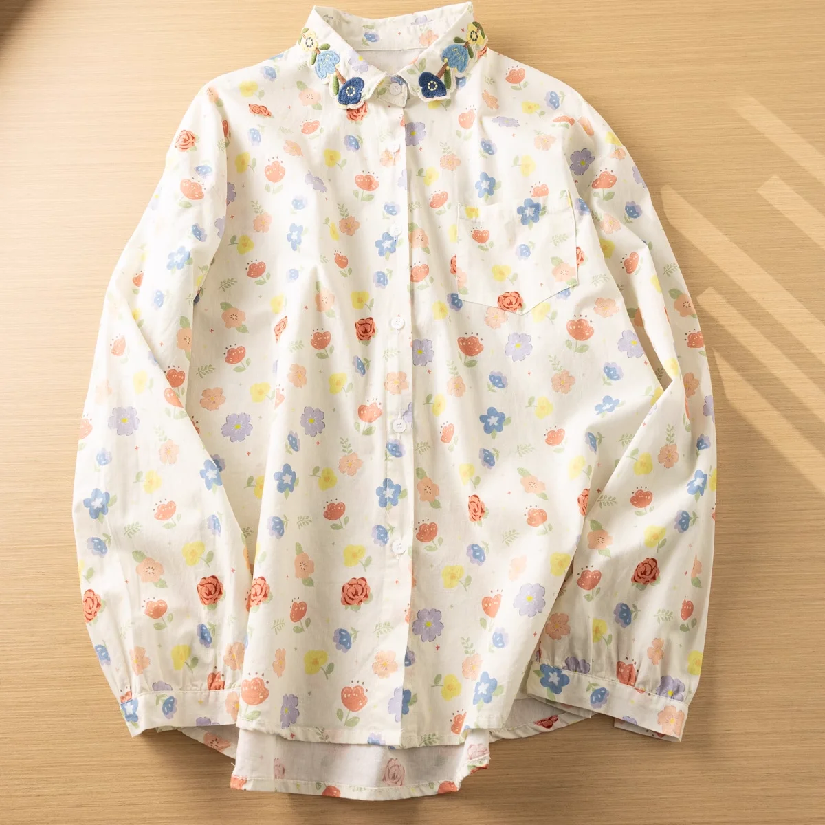 Mori kei clothing sweet floral embroidery rose printed shirts and blouses women 100% cotton loose long sleeve shirts