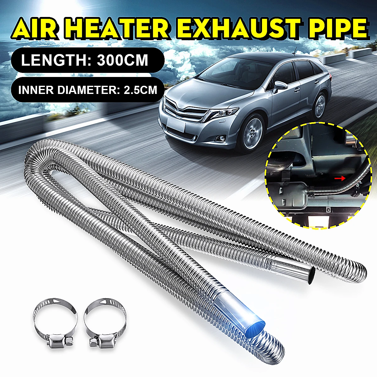 

300cm Stainless Steel Exhaust Pipe Car Parking Air Heater Tank Diesel Gas Vent Hose