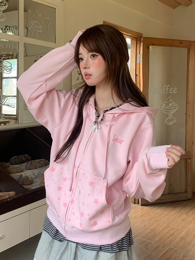 

Stars Print Pink Hoodies Women Sweet Preppy Style Long Sleeve Retro Sweatshirt American Casual Letter Loose Female Pockets Tops
