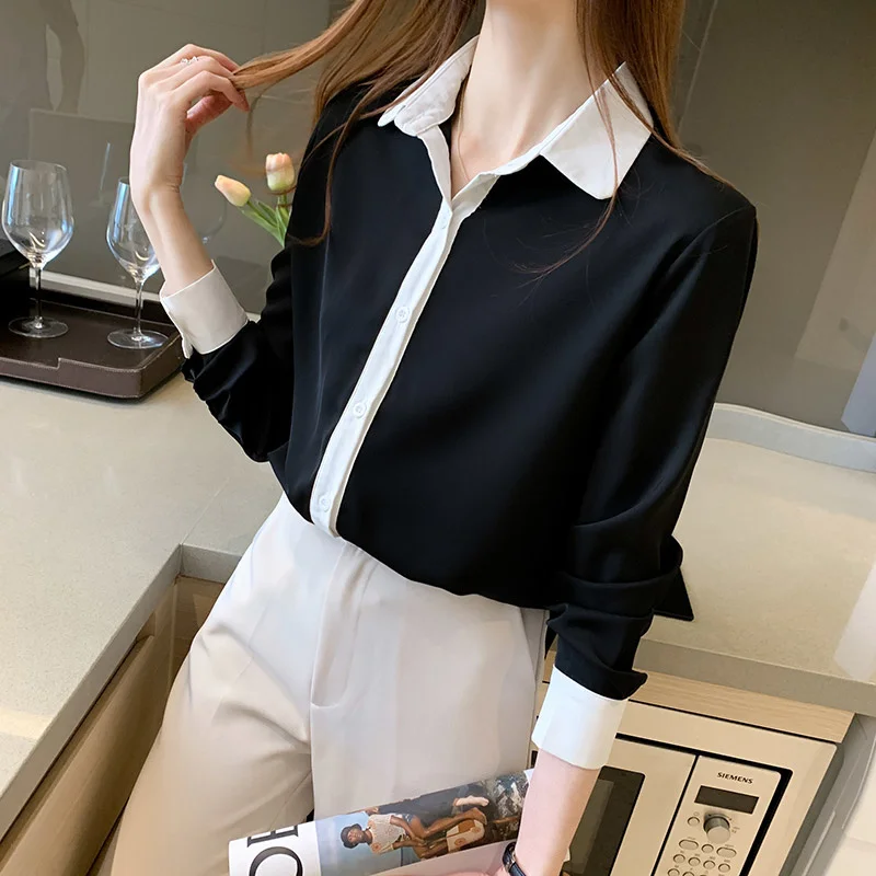 

Black and White Collision Design Sense Long-sleeved Chiffon Shirt Slim and Thin OL Career Bottoming Shirt Female