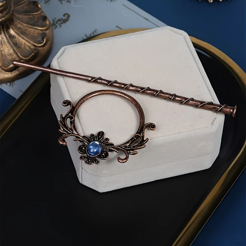1-teiliger Haarstab im Vintage-Stil: Kupfer – getönt mit blauem Edelstein und verziertem Blumenmuster, perfekt für Boho- und Fantasy-Looks – Detail 4