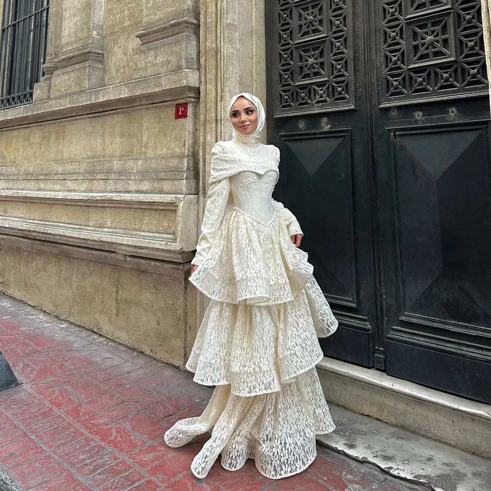 

Elegant Muslim Wedding Dresses Hijab Long Sleeve High Neck Civil Bride Dress Tiered A Line Lace Islam Bridal Gown Customized
