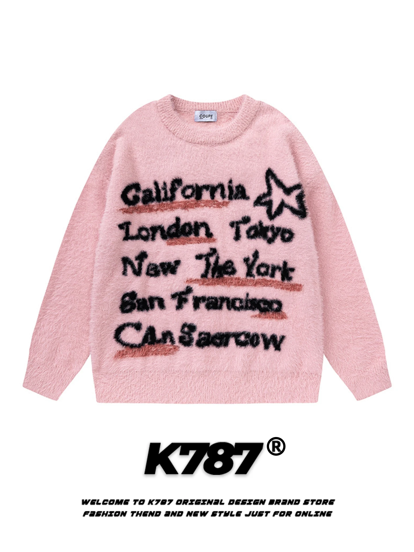 

Женский свитер K787 в американском ретро-стиле с вышивкой букв, круглым вырезом, мягкий, молодежный, розовый, вязаный, повседневный, свободного кроя