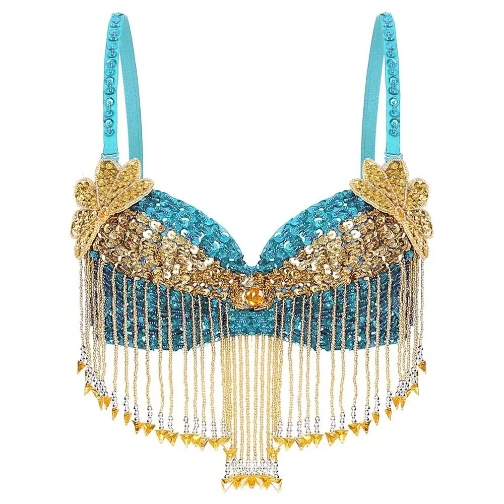 Nappe con perline Top di danza del ventre Cinghie regolabili lucide Reggiseno con paillettes Stage Nightclub Reggiseno con ferretto per Tailandia/India/Arabo
