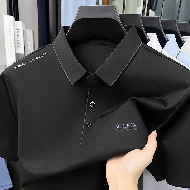 Light luxury men's short sleeve polo shirt fashion brand summer ice silk breathable new letter embossed casual business T-shirt