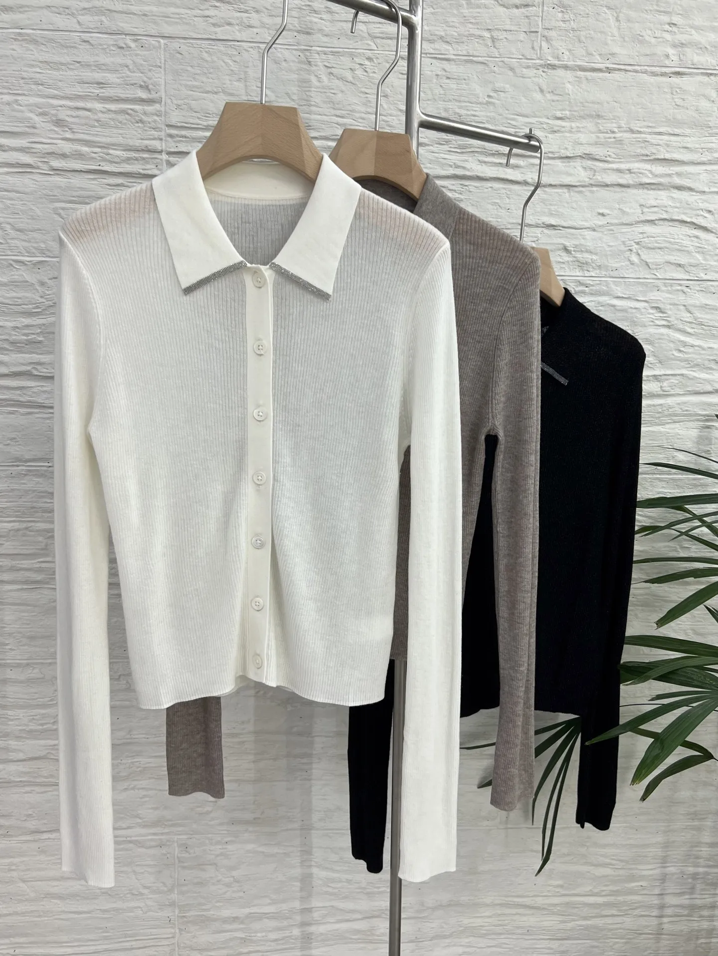 Novo feminino gola polo lã malha cardigan elástico brilho luz luxo cor suave de alta qualidade luz luxo