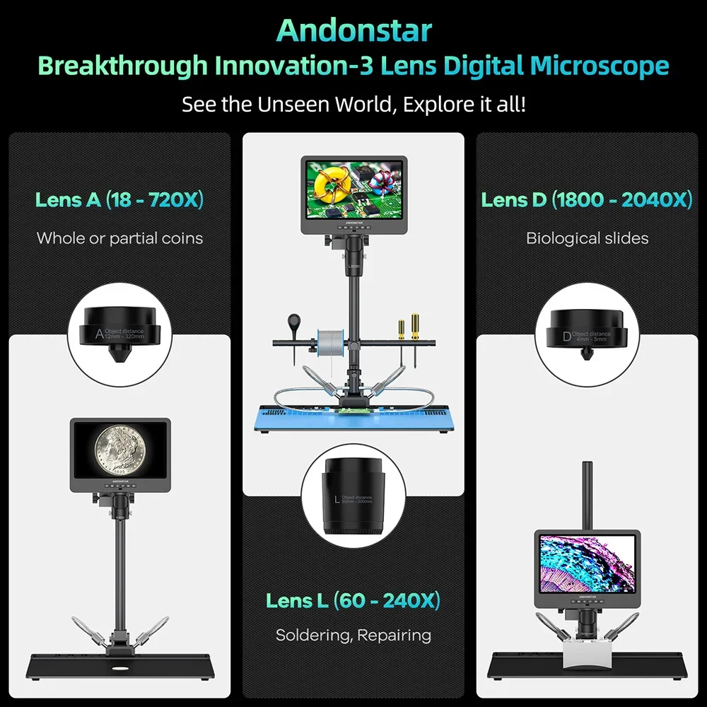 Andonstar 10.1'' HDMI Digital Microscope 2000X Super Max Soldering 2000X 2160P UHD  Soldering Microscope for Electronics Repair