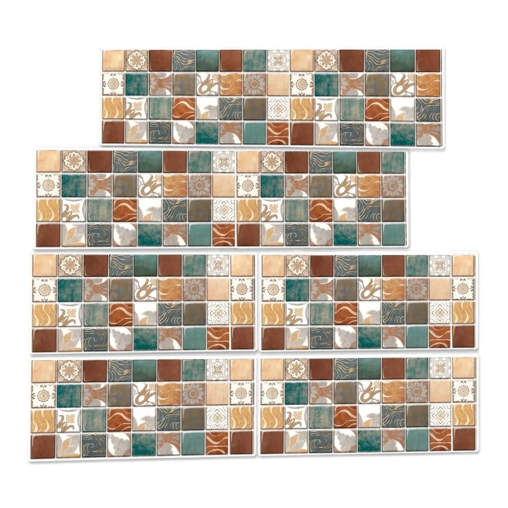6 Pieces PVC Material Kitchen Backsplash Wallpaper Brown Waterproof Bathroom Backsplash Sticker 5.9x11.8in Oil Resistant