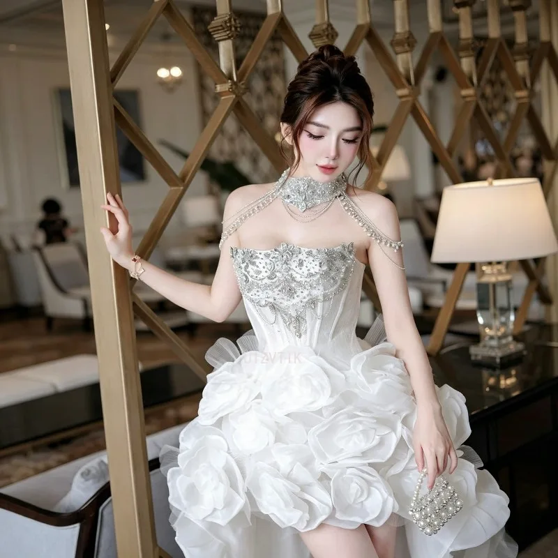 White High Low Wedding Dress Women 3D Flower Appliques Halter Beaded Sparkly Prom Dress Customized Formal Evening Party Gown