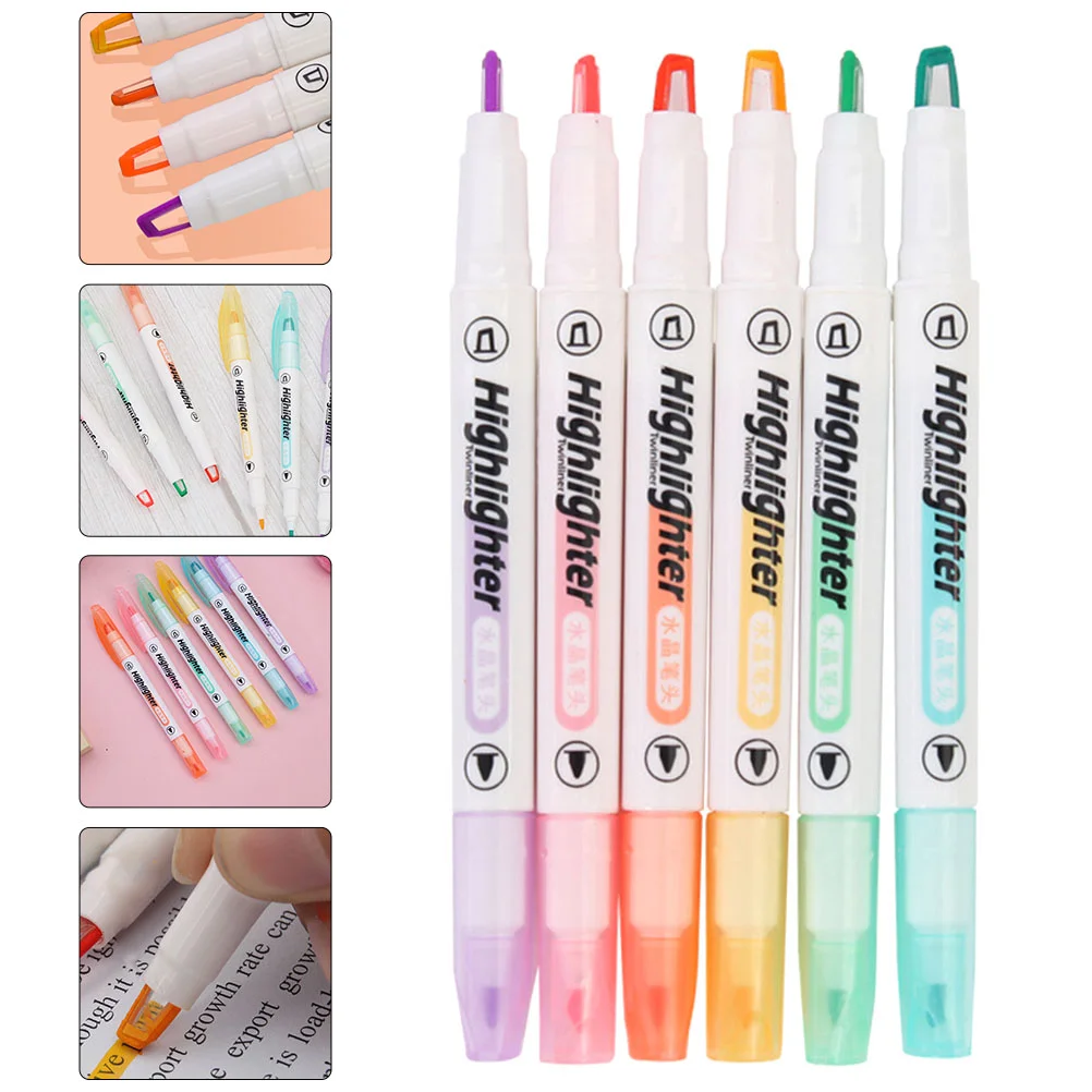 6 Pcs Highlighter Highlighters Marker Pens Clear View Students Stationery Double Ended Markers Pastel