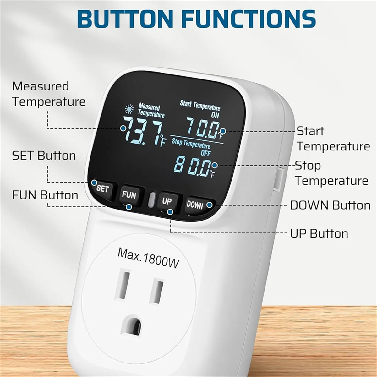 Controlador de Temperatura Digital para Incubadora, Termostato Tomada, Tempo e Contagem Regressiva, Plug EUA,-40 Graus-210 Graus, 15A, 1800W