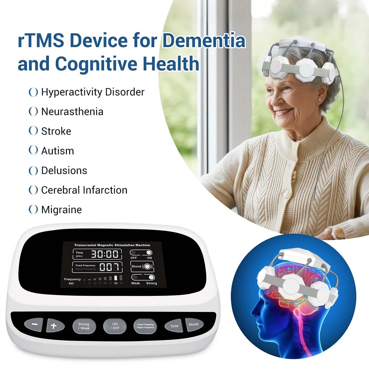 

Транскраниальный магнитный стимулятор (ТМС) для лечения нервных клеток, при Parkinson's, бессоннице, тревоге, депрессии. Аппарат rTMS для домашнего использования.
