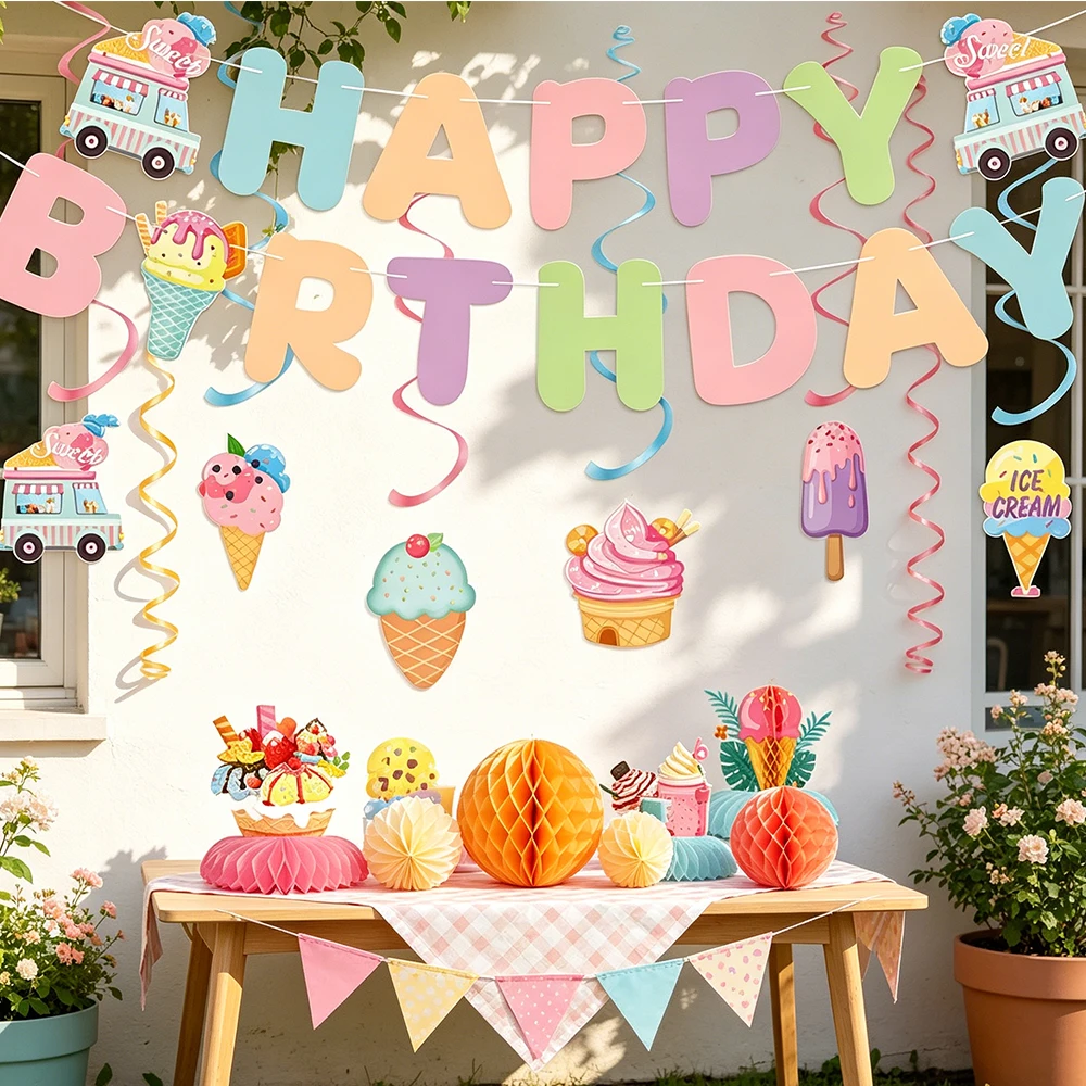 Eiscreme-Themen-Party-Dekoration, Happy Birthday Banner, Wabenornamente, für Geburtstagsfeiern, Feiertagsdessert-Themen, Geschenke