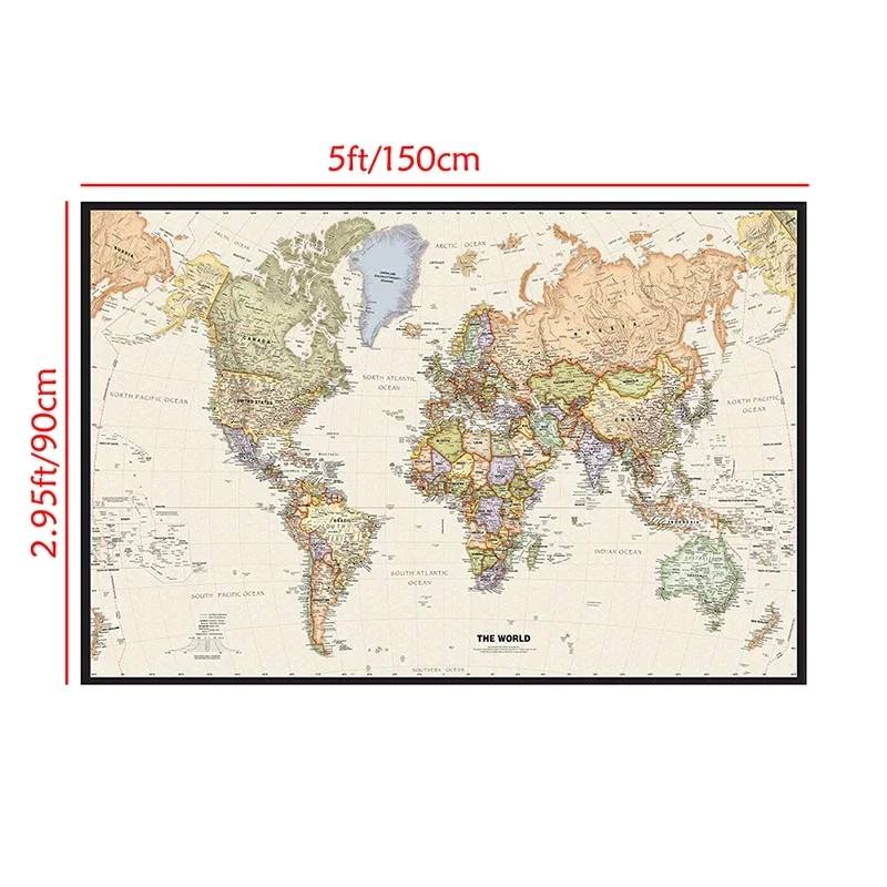 The World Map gambar gantung dekorasi 150x90cm lukisan non-tenun antik seni dinding Poster ruang dekorasi rumah perlengkapan sekolah