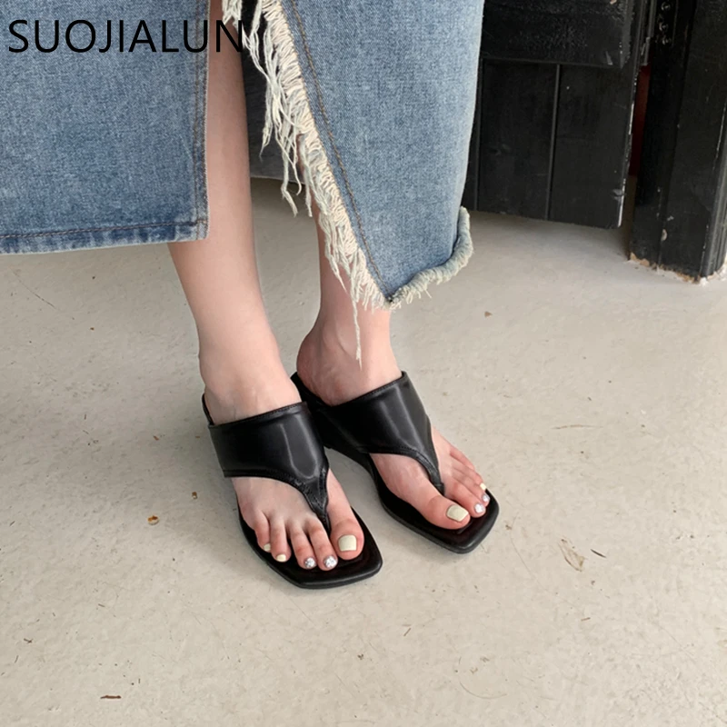 SUOJIALUN 2023 Thin Low Heel Women Slipper Summer Outdoor Narrow Band Beach Slides Shoes Fashion Green Ladies Dress Sandals Shoe