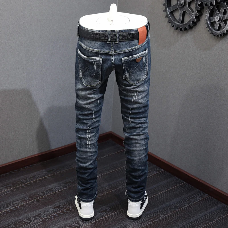 Italian Style Fashion Men Jeans High Quality Retro Black Blue Elastic Slim Ripped Jeans Men Vintage Designer Denim Pants Hombre