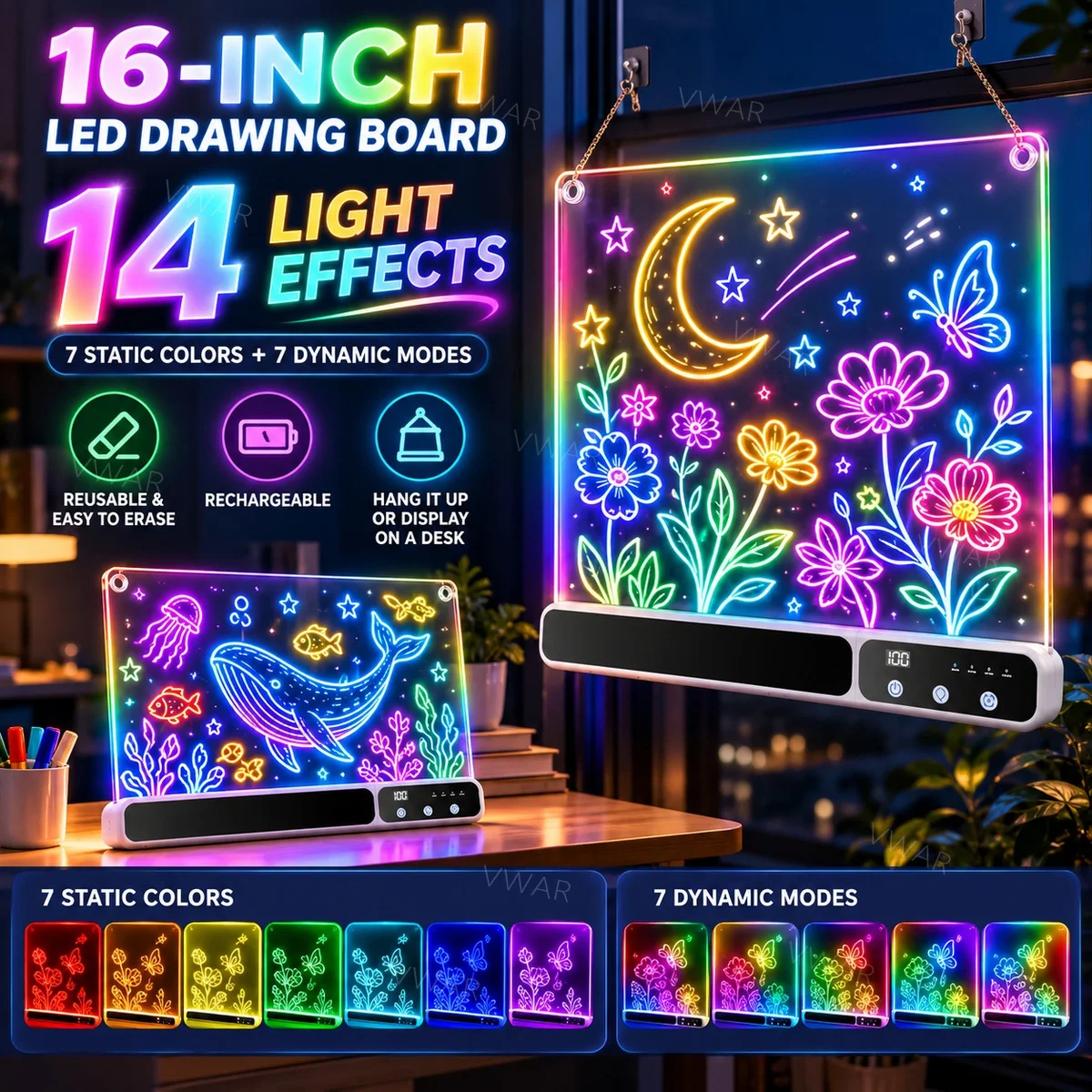 16'' Rechargeable LED Drawing Board, Birthday Christmas Gift, Light Up Drawing Tablet with 7 Colors & 14 Lighting Effects