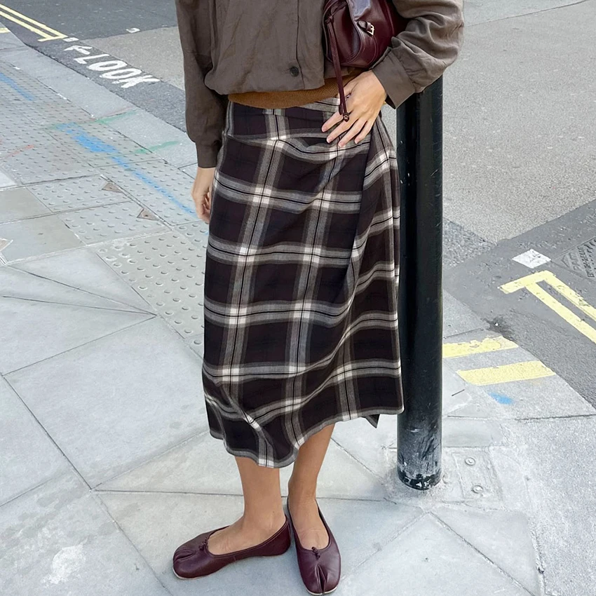 

Linad винтажные прямые юбки в клетку для женщин, осенние уличные шикарные плиссированные юбки, 2025 г., повседневная свободная юбка до середины икры, женская зимняя