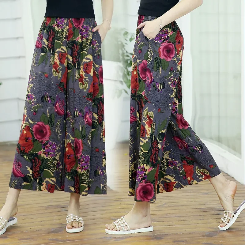 Women Wide Leg Pants Summer Bottoms with Print Loose High Waist Pants Women 2023 New Vintage Women Trousers Summer