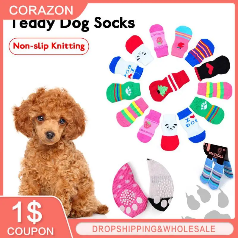 4PCS/Set Pet Socks Non-slip Knitted Dog Socks Cute Puppy Dog Knit Socks Winter Warm Socks Teddy Pet Wool Socks Pattern Random