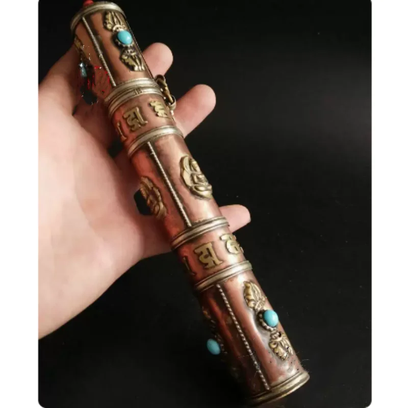 Antique Bronze Incense Tube - Gemstone Inlaid Buddha Relief, Exquisite Buddhist Collection Craft Feature Buddhist Supplies