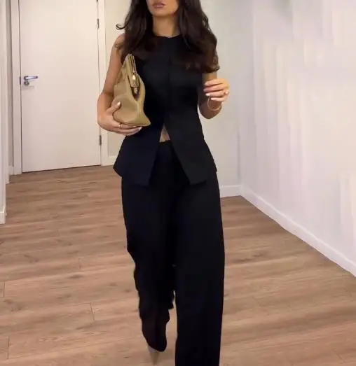 2025, sommer Neue frauen Mode Lässig Ärmelloses Rundhals Tank Top Lange Top Hohe Taille Gerade Bein Shorts Set