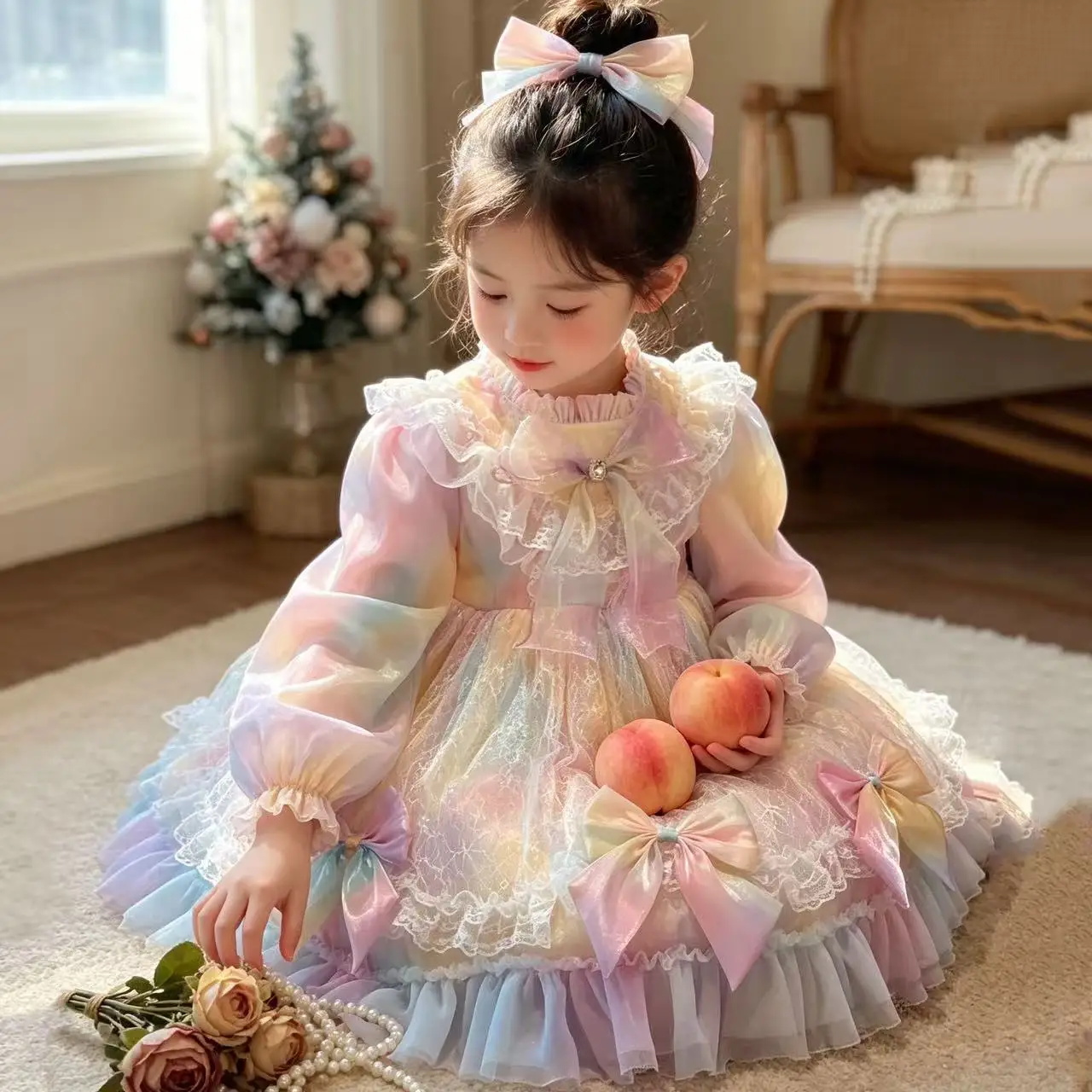 2026 Girls Autumn Winter Rainbow Lolita Dress Gradient Puffy Skirt Cute Princess Birthday Party Formal Dress for Kids