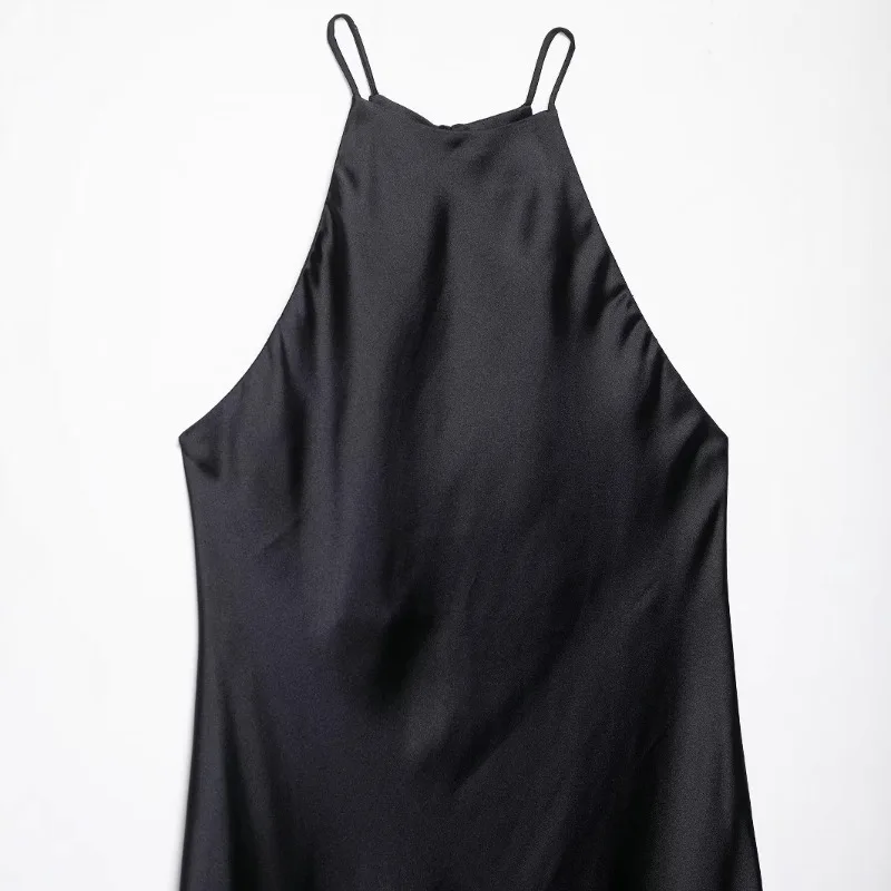 Verão novas mulheres sem mangas vestido de festa moda temperamento sexy seda cetim textura cor sólida midi vestido longo feminino elegante
