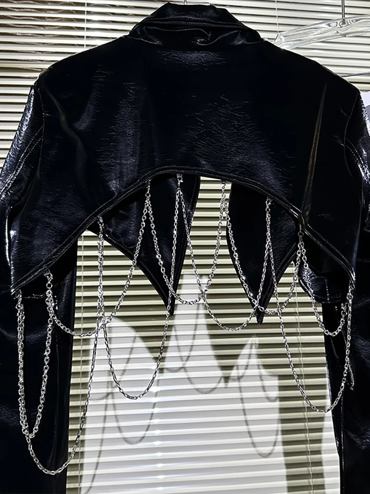 Hot Girls Black Short Leather Jacket Metal Chains Shiny PU Asymmetric Design Punk Rock New Fashion Overcoat Jaqueta