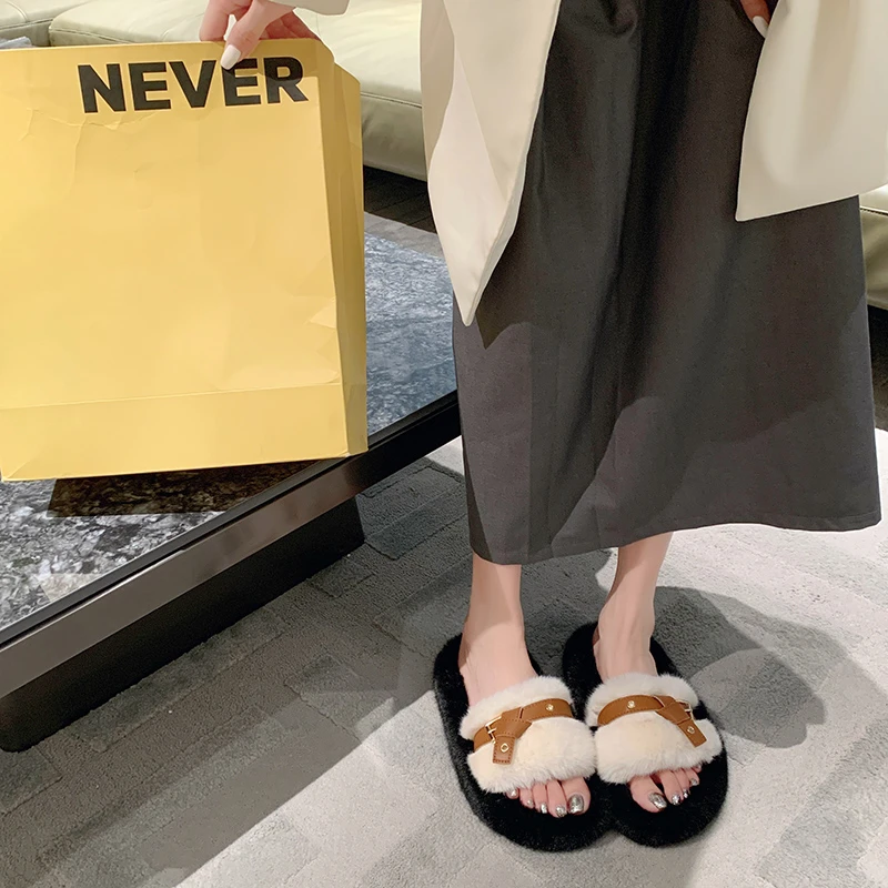 Flock Shoes Woman Fashion Designer Buckle Band Fur Slippers Cozy Mink Fur Slides Homen Shoes Open Toe Platform Furry Pantuflas