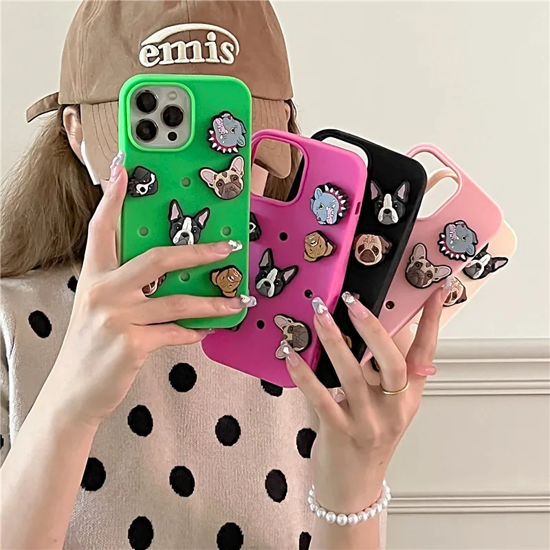 Fashion Bulldog Dog Clogs Holes DIY Phone Case for iPhone 11 12 13 14 15 Pro Max Plus X XS XR mini Cave shoes Cover