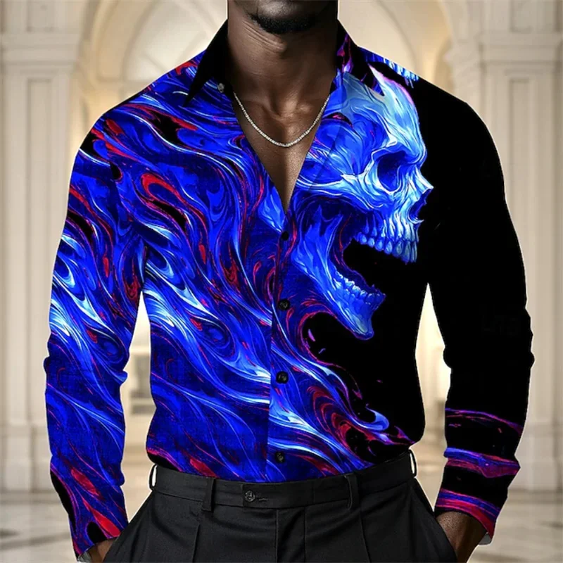 

New Fashion Men's Shirt 3D Linen Skull Casual Button Lapel Long Sleeve Men's Spring Summer Autumn Tops Shirt