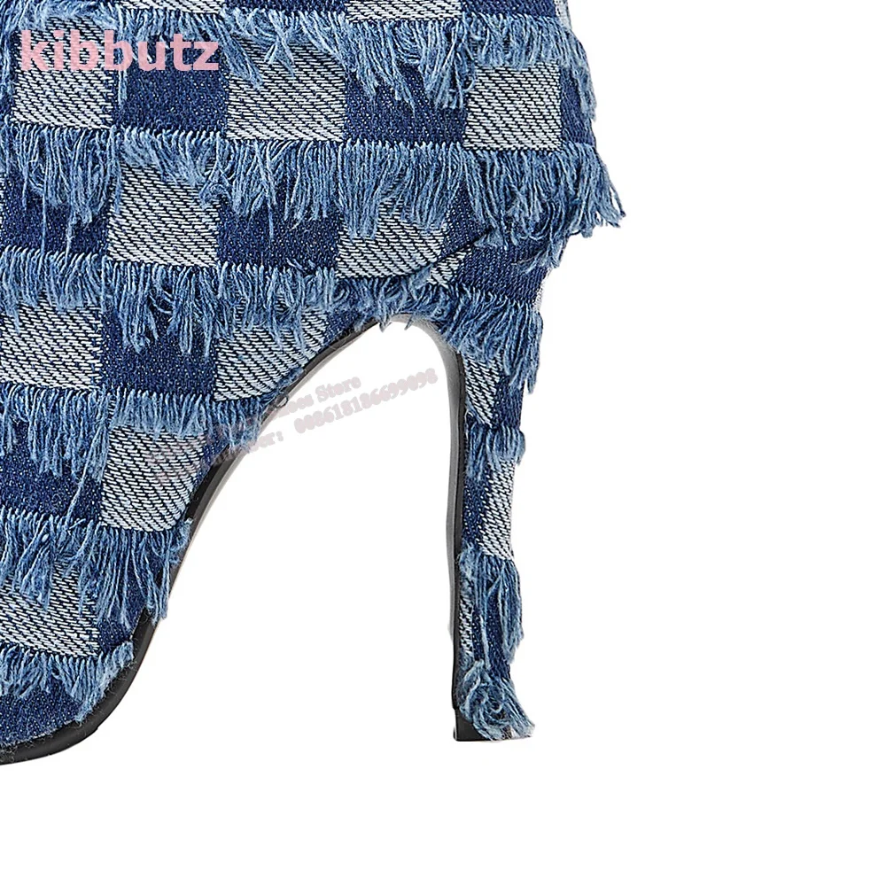 Denim Doek Geruite Enkellaarsjes Puntige Neus Dunne Hak Franje Zijritssluiting Schoenen Mode Sexy Nieuwigheid 2023 Nieuwste Plus Maat 46