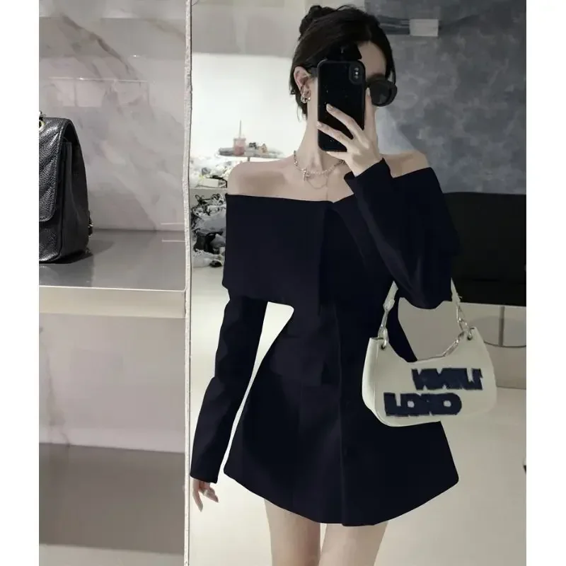 Gagaok Slash Neck Dresses Women Spring Autumn New Solid Mini A Line Office Lady Dress Simple French Vintage Chic Vestidos